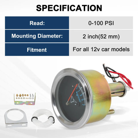 12V oil pressure gauge kit with 0-100 PSI range, 52mm chrome dial, universal fit for cars, featuring durable ABS housing and night illumination.