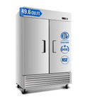 Top Tier Commercial Reach In Refrigerator Double Door Stainless Steel 49.6 Cubic Foot Straight Up Heavy Duty Kitchen Workhorse front view