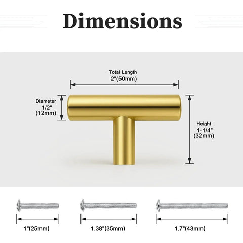 Dimensions of 30 Pack Single Hole Cabinet Knobs In Brushed Gold Finish For DIYers In The Kitchen 2 Inch Overall Length Smooth Rounded Edge
