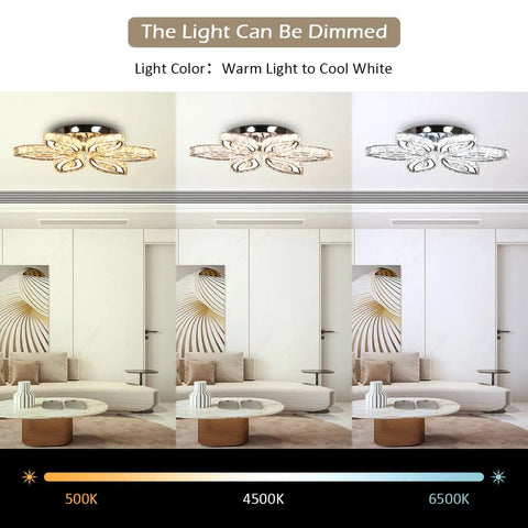 20 Inch Dimmable Modern Crystal Chandelier With LED Flower Design, K9 Crystal Pendant Ceiling Light shown in different light settings