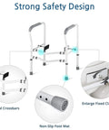 Heavy Duty Toilet Safety Rails For Seniors Standalone Grab Bars With Adjustable Height And Width Easy Install Supports Up To 350 Lbs Durable Carbon Steel Fits Most Toilets For Disabled And Handicap shown with strong safety features including dual crossbars, non-slip foot mat, and enlarged fixed clamps.
