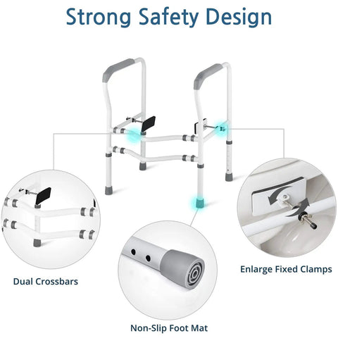 Heavy Duty Toilet Safety Rails For Seniors Standalone Grab Bars With Adjustable Height And Width Easy Install Supports Up To 350 Lbs Durable Carbon Steel Fits Most Toilets For Disabled And Handicap shown with strong safety features including dual crossbars, non-slip foot mat, and enlarged fixed clamps.