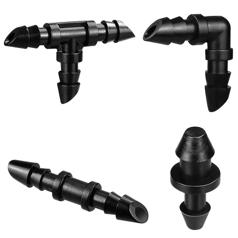 Drip Irrigation Fittings Kit 120 Piece With Barbed Connectors For One Quarter Inch Tubing Includes 50 Couplings 40 Tees 20 Elbows And 10 End Plugs