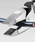 Close-up of High Leverage Lineman Pliers with cable puller, universal mandrel crimping point, and crosswise serrated jaws gripping a cable.