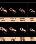 Get This Awesome 60 Piece Copper Wire Lug Connector Ring Kit SC6-25 Electric Crimp Terminal Set Perfect For Bare Cable With Secure Close End Pad Seal And Great Current Flow Capacity. copper ring lugs SC25-8 to SC6-6 sizes shown
