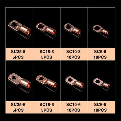 Get This Awesome 60 Piece Copper Wire Lug Connector Ring Kit SC6-25 Electric Crimp Terminal Set Perfect For Bare Cable With Secure Close End Pad Seal And Great Current Flow Capacity. copper ring lugs SC25-8 to SC6-6 sizes shown