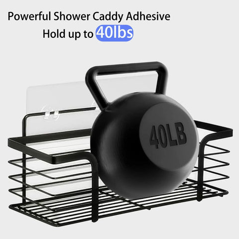 16 Pack Shower Caddy Adhesive Replacement Strips holding 40lb weight, black metal rack with adhesive backing