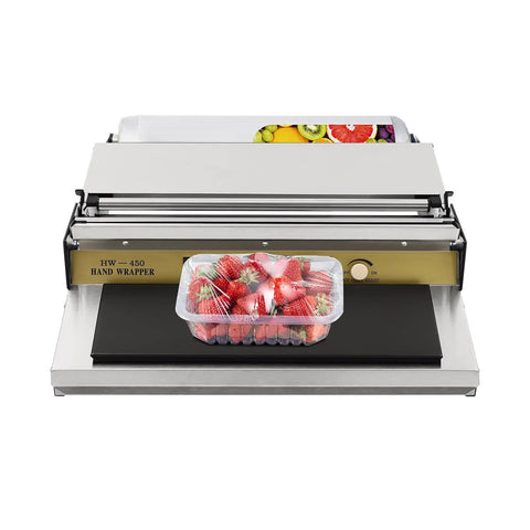 Rock Solid No Sweat Hand Cling Wrap Sealer And 18 Inch Food Packaging Machine with strawberries packaged in a plastic container.
