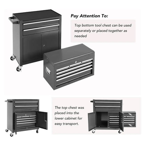 Beast Rolling Tool Chest With Eight Drawers And Detachable Top Box, Mobile Steel Tool Storage Cabinet With Wheels And Side Hooks