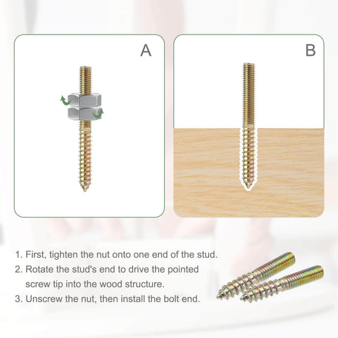 M8 Hanger Bolts Set For Wood, 3 Inch Length, Double Ended Self Tapping Bolts with installation guide, 8mm Screw Wood Dowels