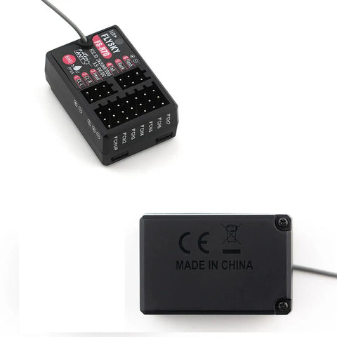 FS-R7D 2.4GHz ANT Protocol Receiver With 7 PWM Channels, Single Antenna, top and bottom view, RC car and boat compatibility