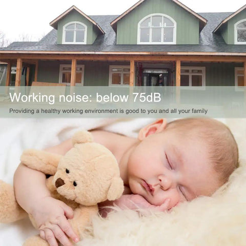 Sleeping baby with teddy bear, noise level below 75dB, in front of green house, enhancing healthy working environment.