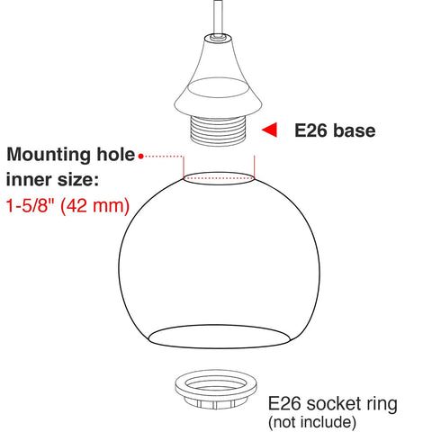 Diagram showing E26 base and socket ring for Three Pack Frosted Opal White Glass Globes Replacement For Light Fixtures