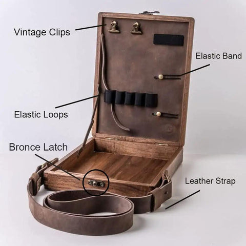 Wooden Messenger Box Crossbody Bag For Artists Grab And Go Multifunctional Handmade Tool Storage Box Painting Brush Organizer open view