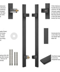 12 Inch Solid Stainless Steel Push Pull Door Handle For Barn Doors Glass Doors Matte Black Finish With Heavy Duty Commercial Grade 304 Stainless Standoffs Built Tough For High Traffic Areas. shown with mounting hardware and gaskets