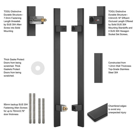 12 Inch Solid Stainless Steel Push Pull Door Handle For Barn Doors Glass Doors Matte Black Finish With Heavy Duty Commercial Grade 304 Stainless Standoffs Built Tough For High Traffic Areas. shown with mounting hardware and gaskets