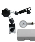 Front view of HDLNKAK dial test indicator with magnetic base, adjustable arm, two metal dovetail clamps, and storage case.