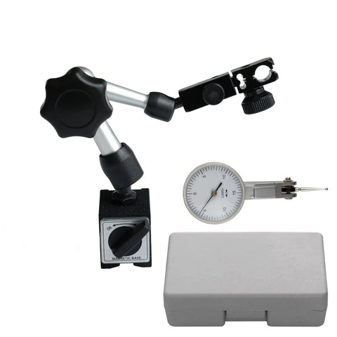 Front view of HDLNKAK dial test indicator with magnetic base, adjustable arm, two metal dovetail clamps, and storage case.