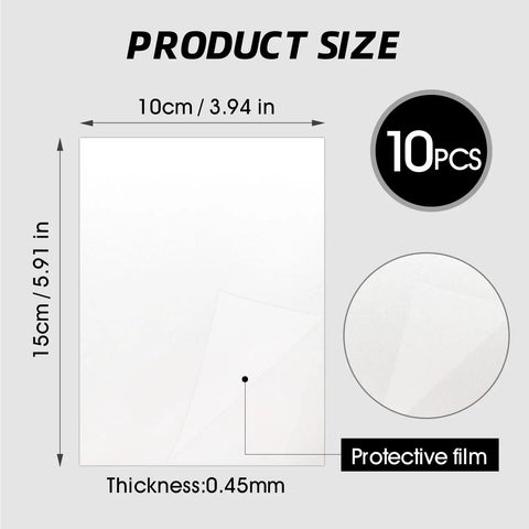 Ten Pack Four By Six Inch Aluminum Sublimation Blanks For Custom Photo Signs And DIY Wall Art White 0.45mm Thick showing dimensions and protective film