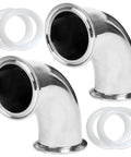 Two stainless steel 2-inch sanitary elbow fittings with tri-clamp ferrule ends and gaskets; pack of 2