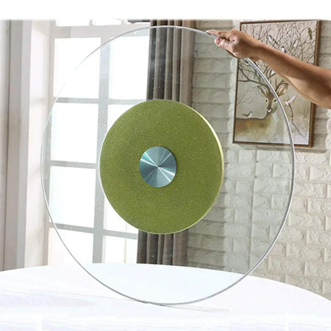 Person handling Rotating Glass Turntable For Dining Tables, Pro Grade Go To Spin Tray, Large 70cm To 120cm, 360 Degree Spinning Serving Plate