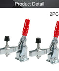 2 Pack Vertical Toggle Clamps 500 Lb Holding Capacity Quick Release Hard As Nails Workhorse Built Tough For Woodworking Jigs Blue Zinc Plated Steel With Red Vinyl Grip For Straight Up Secure Clamping, featuring cushioned red handles.