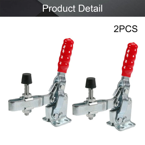 2 Pack Vertical Toggle Clamps 500 Lb Holding Capacity Quick Release Hard As Nails Workhorse Built Tough For Woodworking Jigs Blue Zinc Plated Steel With Red Vinyl Grip For Straight Up Secure Clamping, featuring cushioned red handles.