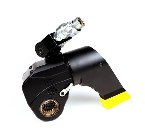 Rock Solid Hydraulic Torque Wrench Featuring Square Drive And Anti Corrosion Alloy Construction Designed For Fast Operation Cycles and Serious Torsional Strength On Every Job Site, view of side and drive head.
