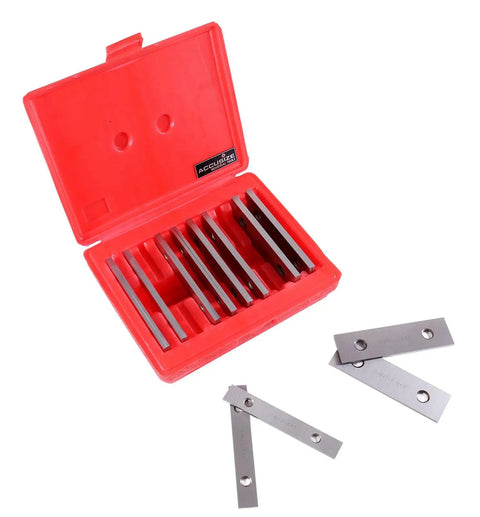 Garage Ready Premium Workshop Grade Precision Machinist Parallels Eighth Inch Thick Five Inch Long Ten Matched Pair Drill Press Layout Blocks Hardened Tool Set in red case.