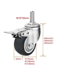 Heavy Duty Industrial Caster Wheels With Swivel And Brake, double-locking, threaded stem M16x30, measurements shown