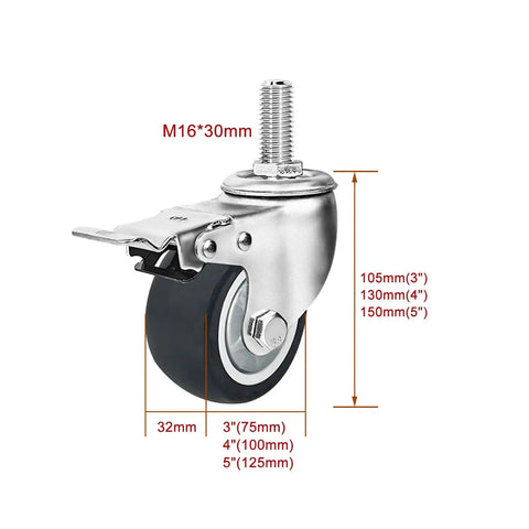 Heavy Duty Industrial Caster Wheels With Swivel And Brake, double-locking, threaded stem M16x30, measurements shown