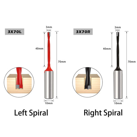 Front view of 2-piece wood drill bit set: 3mm brad-point left- and right-spiral bits, 70mm length, 10mm shank, Amazon brand.