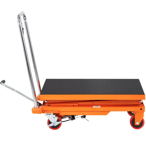 Heavy Duty Portable Hydraulic Lift Table Cart With 330lbs Capacity 50in Scissor Jack Design side view with rubber wheels.