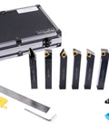 Five Eighths Inch Shank 7 Piece Indexable Turning Tool Set With Extra Inserts TiN Coated C6 Carbide For Steel Includes MGMN300, 16ER, WCMT32.5