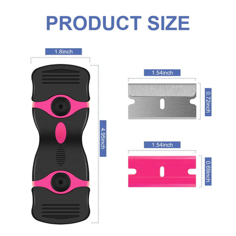 Two Pack Double Edged Razor Blade Scraper Tool Kit With 30 Blades, Glass Window Cleaner, product size diagram with dimensions