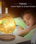 Levitating Galaxy Moon Lamp With 18 Color Modes Floating 3D Moon Light Spinning In Midair next to sleeping child