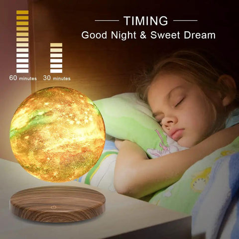 Levitating Galaxy Moon Lamp With 18 Color Modes Floating 3D Moon Light Spinning In Midair next to sleeping child