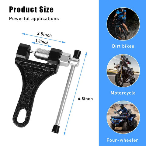 Beefed Up Chain Breaker Tool For Motorcycles, Bicycles, Dirt Bikes, ATVs, Go Karts And Scooters Fits 420 To 530 Chains with dimensions shown