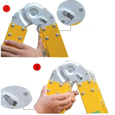 Using Multifunctional Folding Ladder Hinge Set 2 Pack For Home Cabinets And Furniture with yellow ladder and silver hinge close-up
