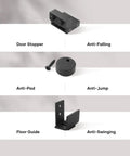 Image of door stopper, anti-pad, and floor guide components from 4 Ft Mini Cabinet Bypass Barn Door Hardware Kit With Single Track.