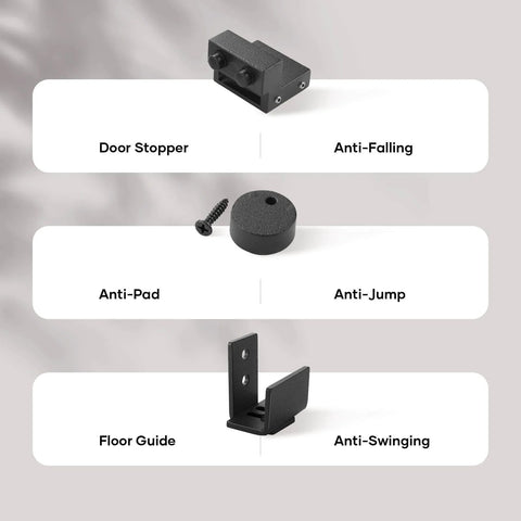 Image of door stopper, anti-pad, and floor guide components from 4 Ft Mini Cabinet Bypass Barn Door Hardware Kit With Single Track.