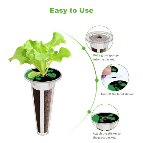 50 Pack Hydroponic Grow Baskets With 51 Seed Pod Labels, Durable Reusable Plastic Replacement Garden DIY Accessories For Most Hydroponic Growing Systems, Easy Install And Maintenance showing installation steps