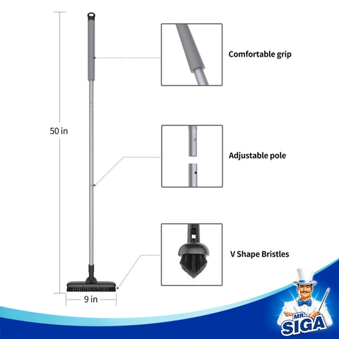 Diagram of Heavy Duty Grout Scrub Brush with 50in steel pole, V shape bristles, and durable plastic head for bathroom cleaning.
