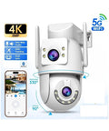 Dual Lens 4K 8MP HD PTZ Weatherproof Outdoor Security Camera WiFi with crisp night vision, displaying features and angles.