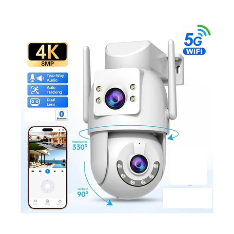Dual Lens 4K 8MP HD PTZ Weatherproof Outdoor Security Camera WiFi with crisp night vision, displaying features and angles.