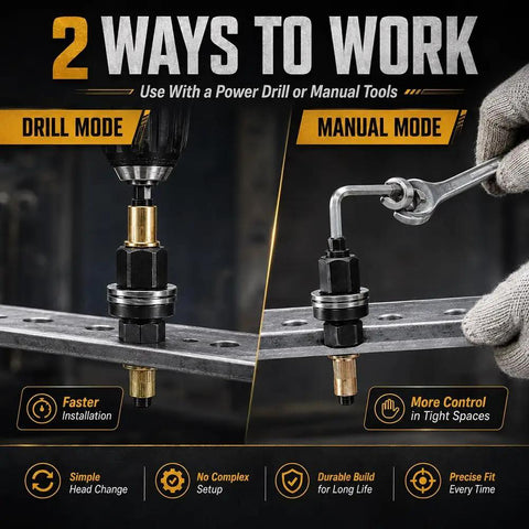 Heavy Duty Carbon Steel Rivet Nut Tool Set Kit For M3 To M12 With Durable Sleeves And Precise Threads Pro Grade Performance For Garage Workshop Or DIY Projects Fast Clean Nutsert Install Every Time. Drill and manual mode on steel panel.