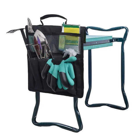 Folding Garden Kneeling Seat And Tool Bag Set with durable Oxford cloth pouch, shown with tools stored, black, 31x30 cm.
