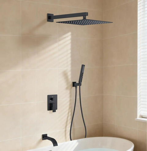 Wall Mounted Bathtub Shower System With A Clean Matte Black Look And Legit Heavy Duty Brass Rough In Valve, Includes A Massive 12 Inch Rainhead And Handheld Spray Combo For Stress Free Reno Jobs