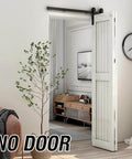 Beefy Heavy Duty 3.5 Foot Bi Folding Barn Door Hardware Kit installed, carbon steel sliding track in frosted black, no door included