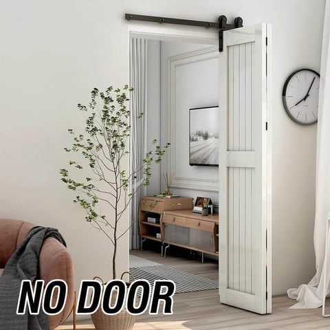 Beefy Heavy Duty 3.5 Foot Bi Folding Barn Door Hardware Kit installed, carbon steel sliding track in frosted black, no door included